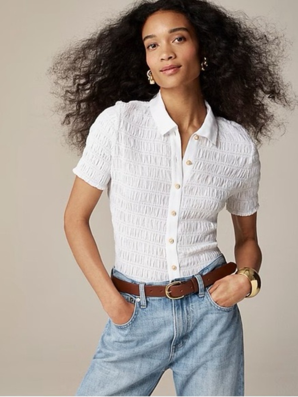 J. Crew Textured White Short-Sleeve Polo Button-Front Top